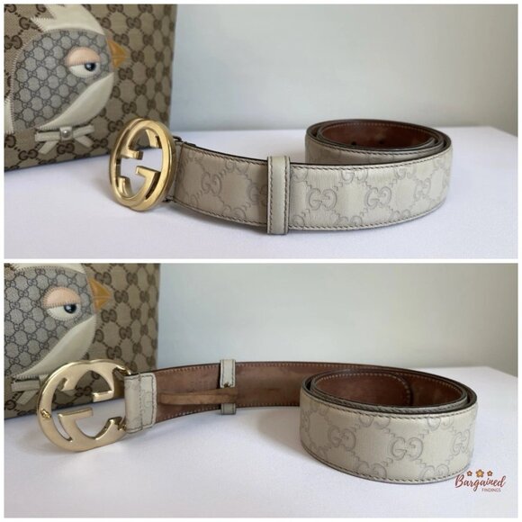 Authentic Gucci Cream Guccissima Leather Gold Interlocking G Buckle Belt 75/30 - Picture 8 of 13